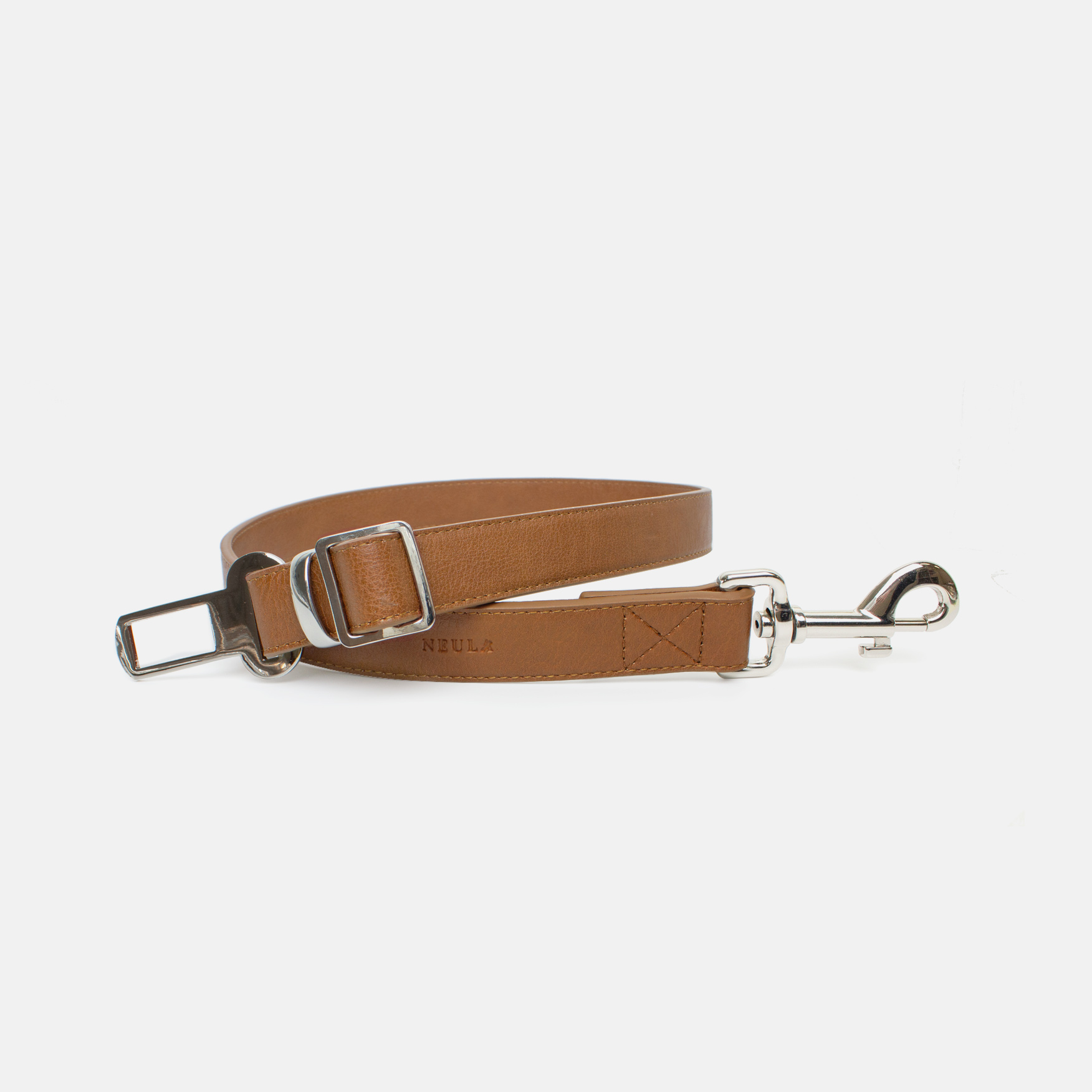 Brown dog car seat belt made with premium vegan leather. Car restraint to keep your dog in place during car rides or travel