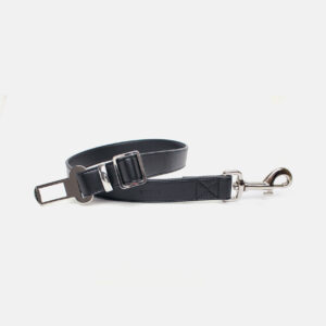 Black dog car leash made with premium vegan leather. Car restraint to keep your dog in place during car rides or travel