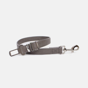 Gray dog car leash made with premium vegan leather. Car restraint to keep your dog in place during car rides or travel